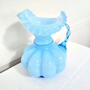 Fenton Ruffled Melon Pitcher Vase Blue Opalescent 8.25in Handle Statement READ